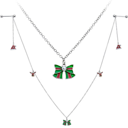 14G 9/16 White Orb Santa Hat Christmas Barbell Nipple Chain Set