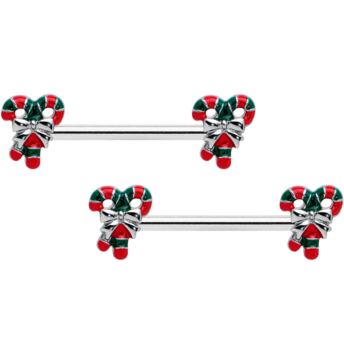 14G 9/16 Pair of Candy Canes Christmas Barbell Nipple Ring Set