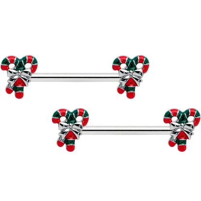 14G 9/16 Pair of Candy Canes Christmas Barbell Nipple Ring Set