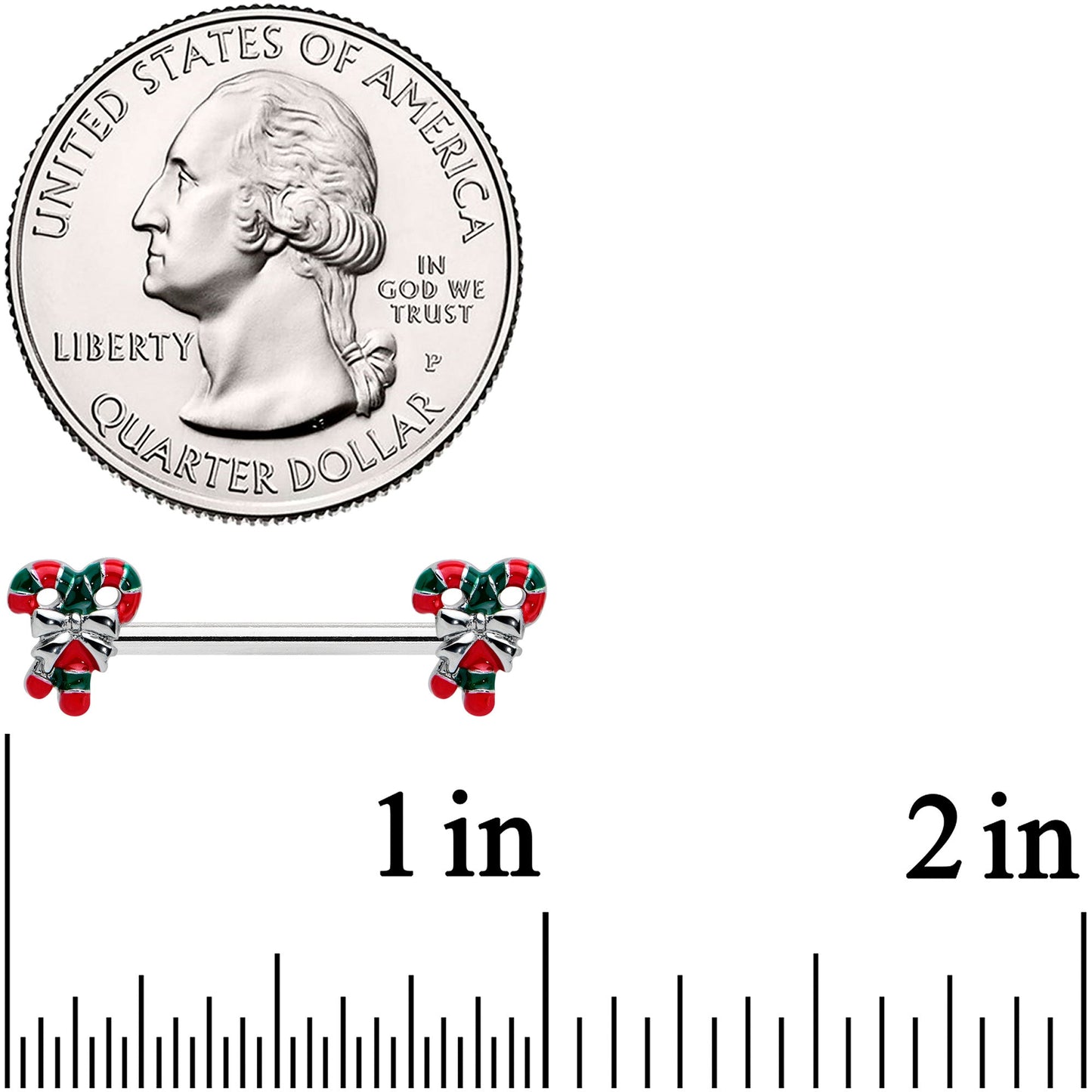 14G 9/16 Pair of Candy Canes Christmas Barbell Nipple Ring Set