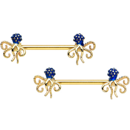 14G 9/16 Gold Tone Textured Blue Octopus Barbell Nipple Ring Set