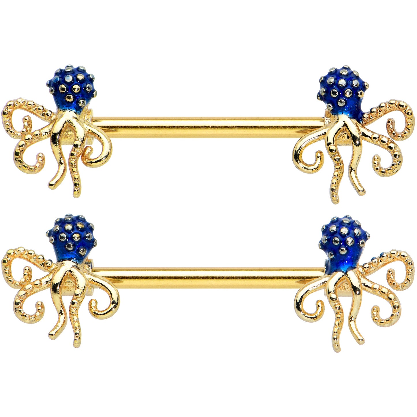 14G 9/16 Gold Tone Textured Blue Octopus Barbell Nipple Ring Set