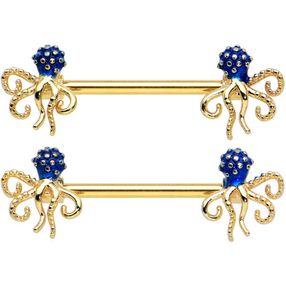 14G 9/16 Gold Tone Textured Blue Octopus Barbell Nipple Ring Set