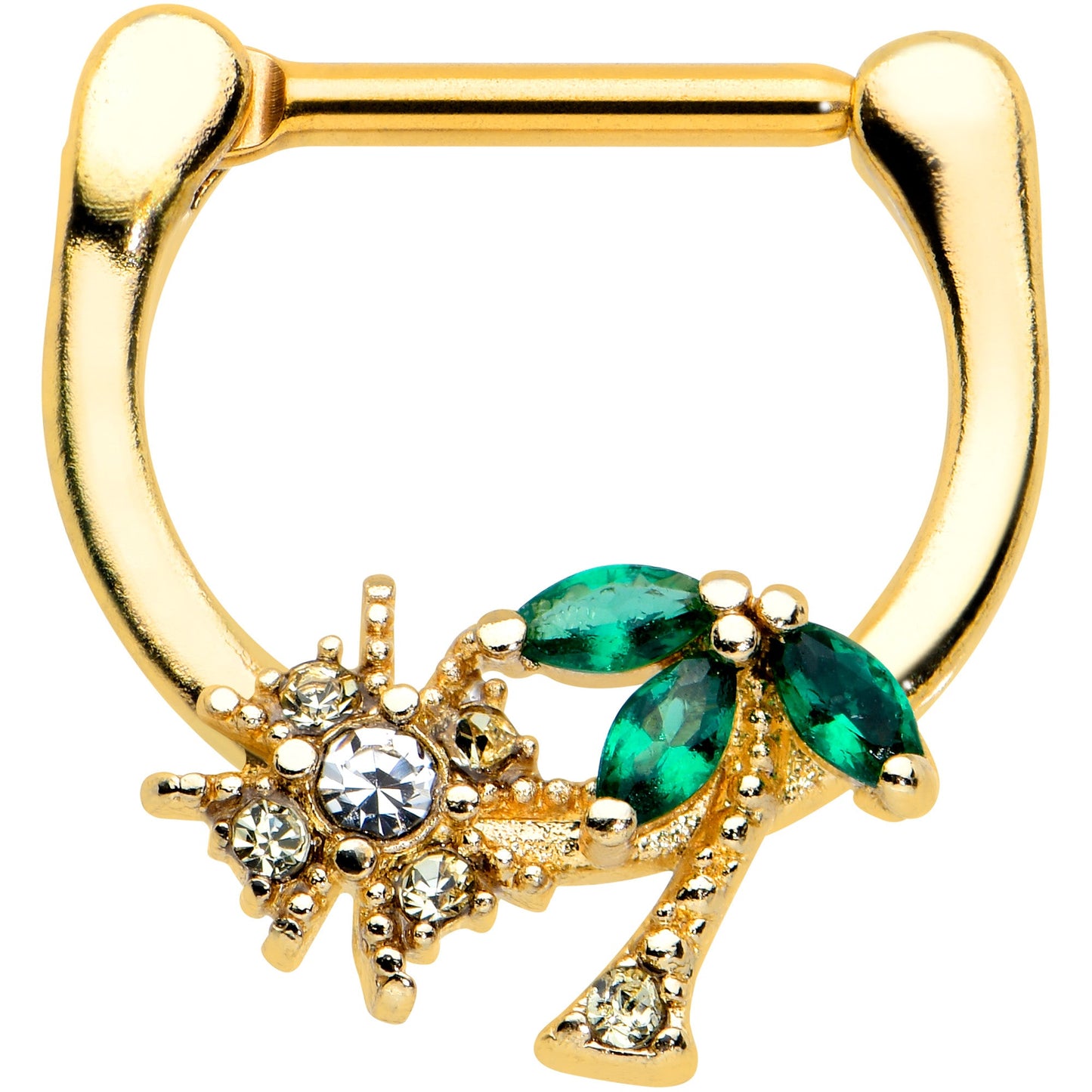 16G 5/16 Green Gem Gold Tone Sun Palm Tree Cartilage Clicker Ring