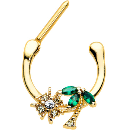 16G 5/16 Green Gem Gold Tone Sun Palm Tree Cartilage Clicker Ring