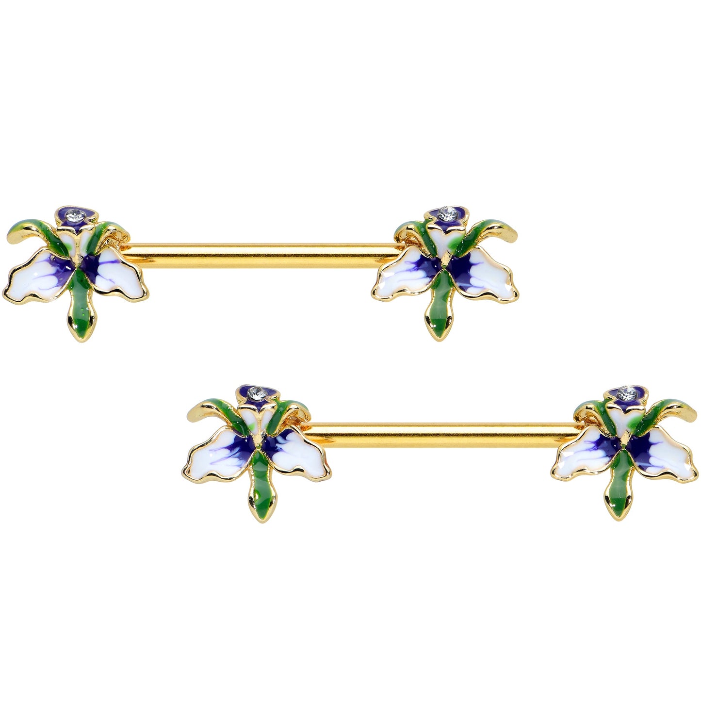 14G 9/16 Clear Gem Gold Tone Iris Flower Barbell Nipple Ring Set
