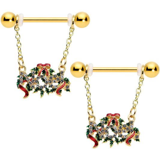 14G 9/16 Clear Gem Gold Tone Garland Christmas Nipple Ring Set