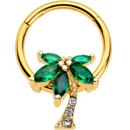 16G 3/8 Green Gem Gold Tone Palm Tree Hinged Segment Ring