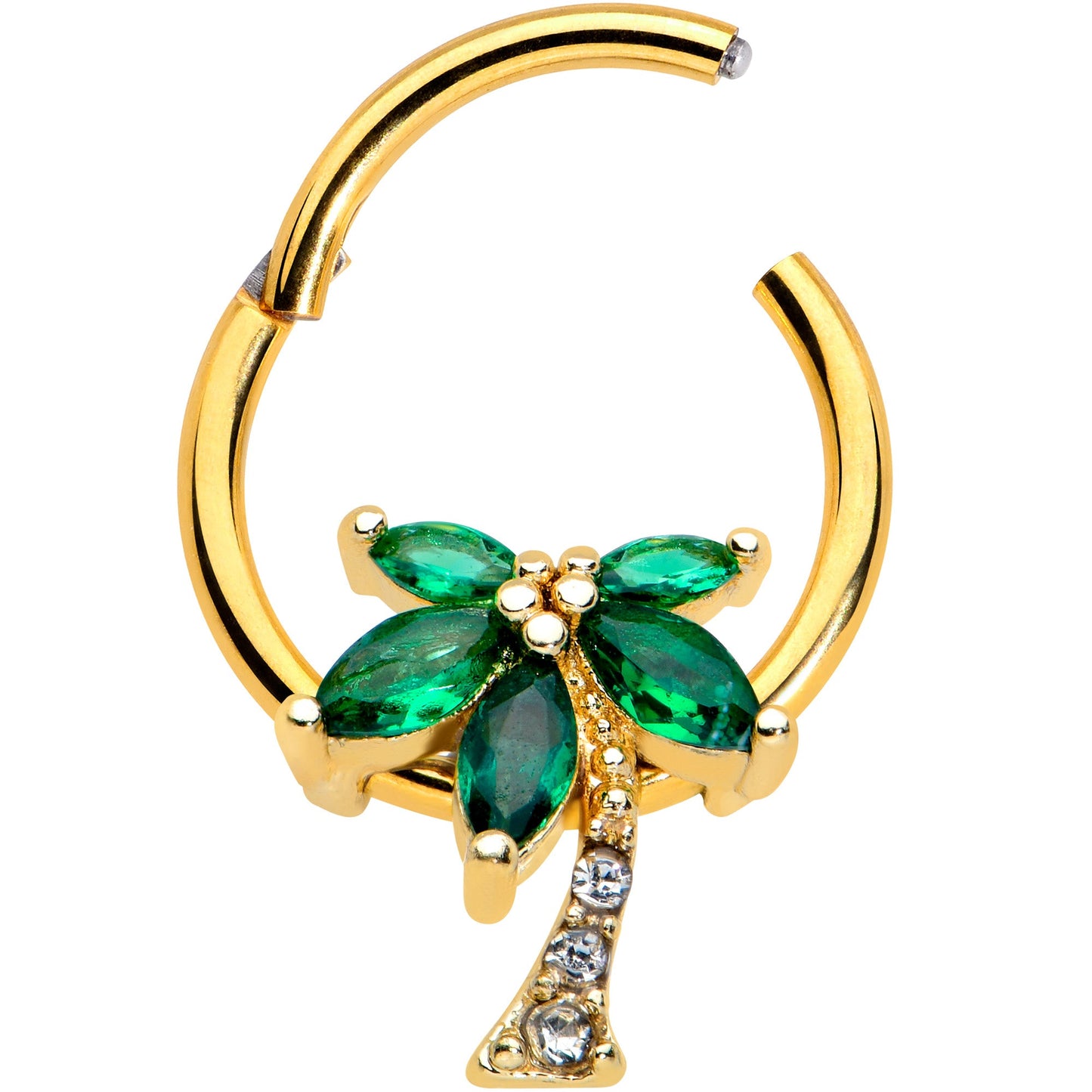16G 3/8 Green Gem Gold Tone Palm Tree Hinged Segment Ring