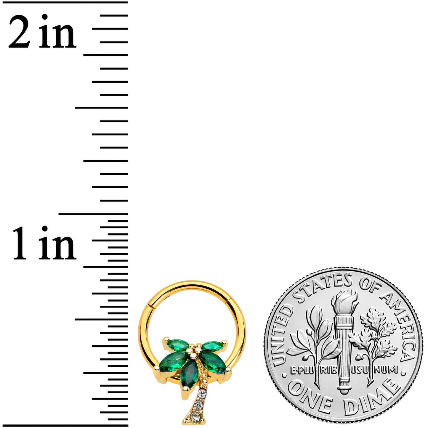 16G 3/8 Green Gem Gold Tone Palm Tree Hinged Segment Ring