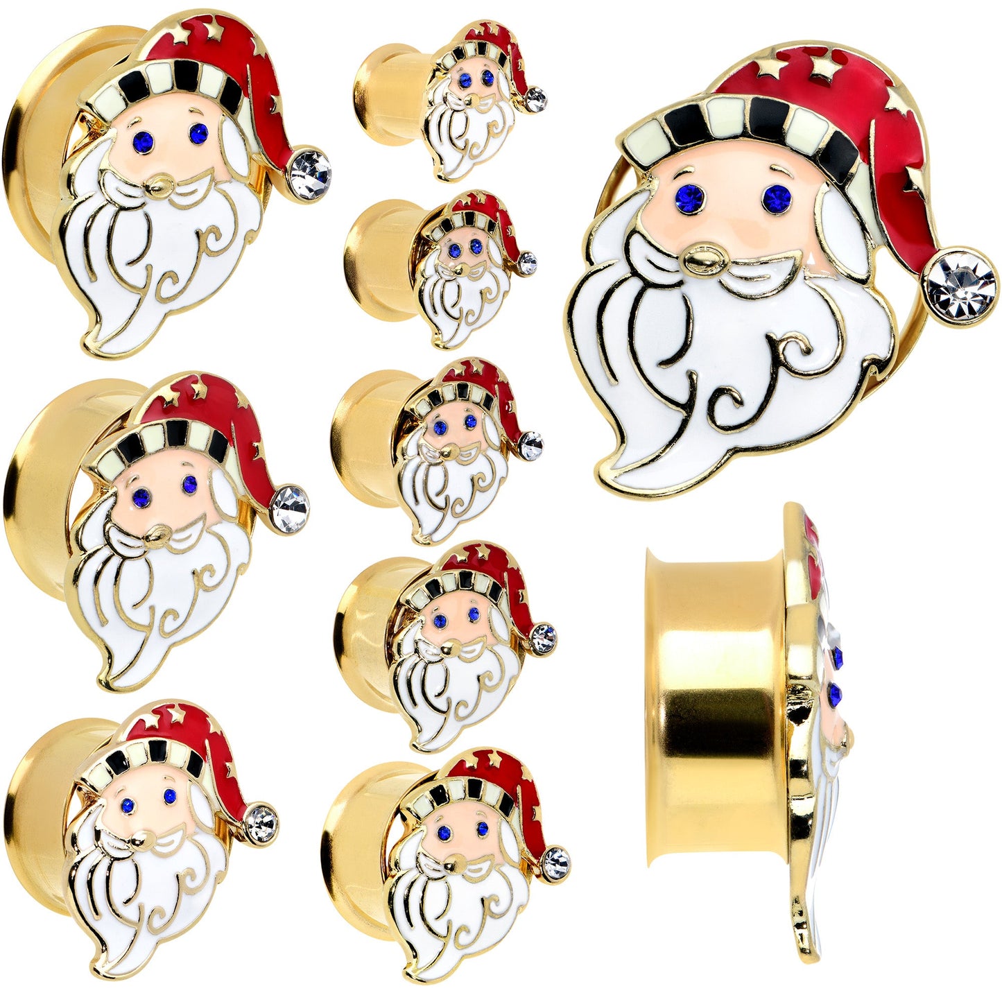 Color Gem Gold Tone Snazzy Santa Christmas Double Flare Plug Set