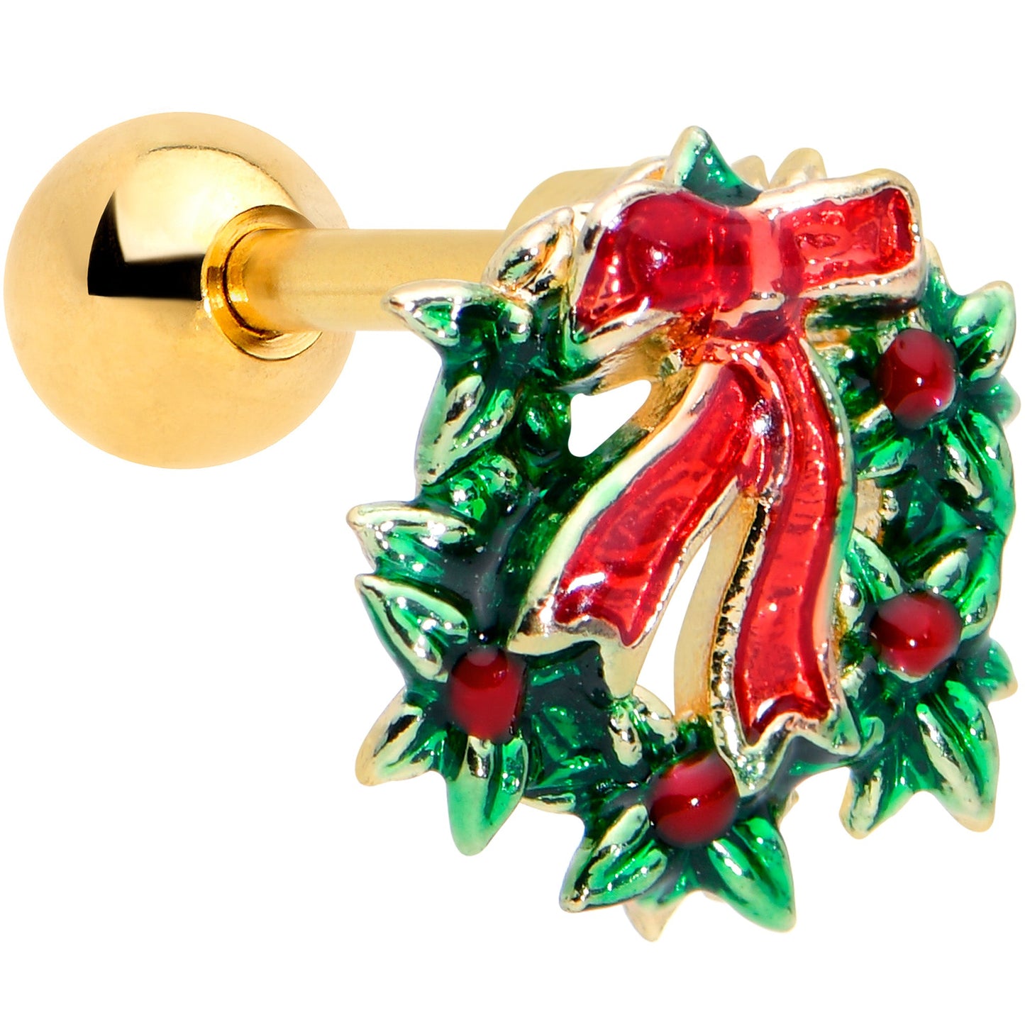 16G 1/4 Gold Tone Festive Bow Wreath Christmas Cartilage Tragus