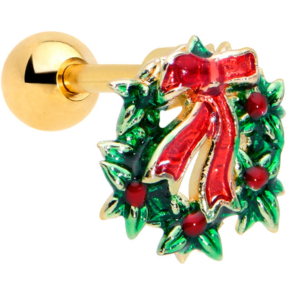 16G 1/4 Gold Tone Festive Bow Wreath Christmas Cartilage Tragus