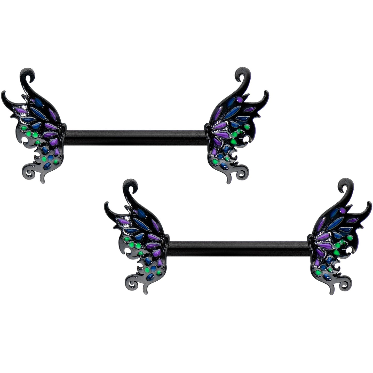 14G 1/2 Black Faerie Wings Fantasy Barbell Nipple Ring Set