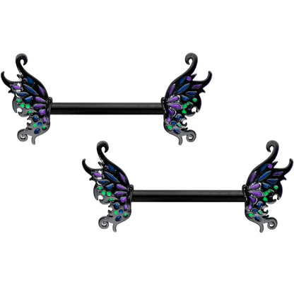 14G 1/2 Black Faerie Wings Fantasy Barbell Nipple Ring Set