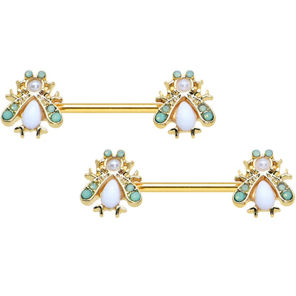 14G 5/8 White Gem Gold Tone Snow Bug Barbell Nipple Ring Set