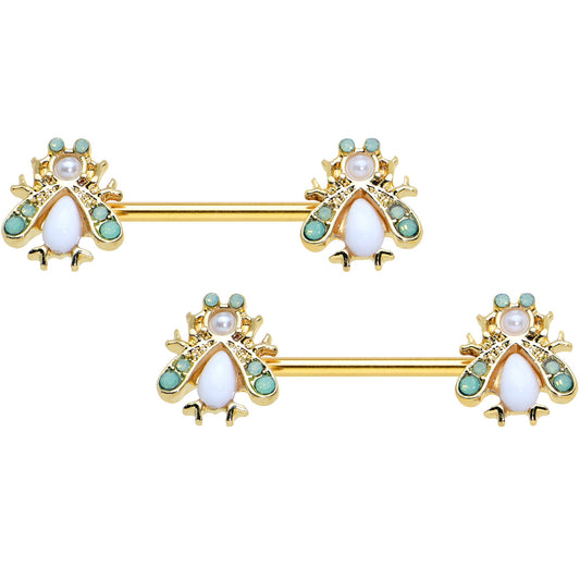 14G 5/8 White Gem Gold Tone Snow Bug Barbell Nipple Ring Set
