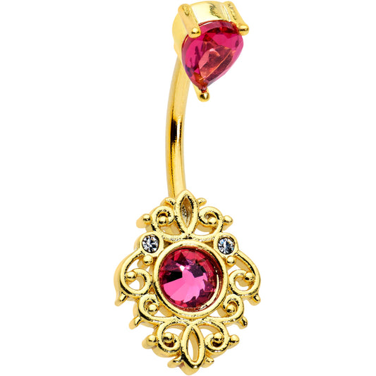 Clear Pink Gem Gold Tone Open Lace Love Double Mount Belly Ring