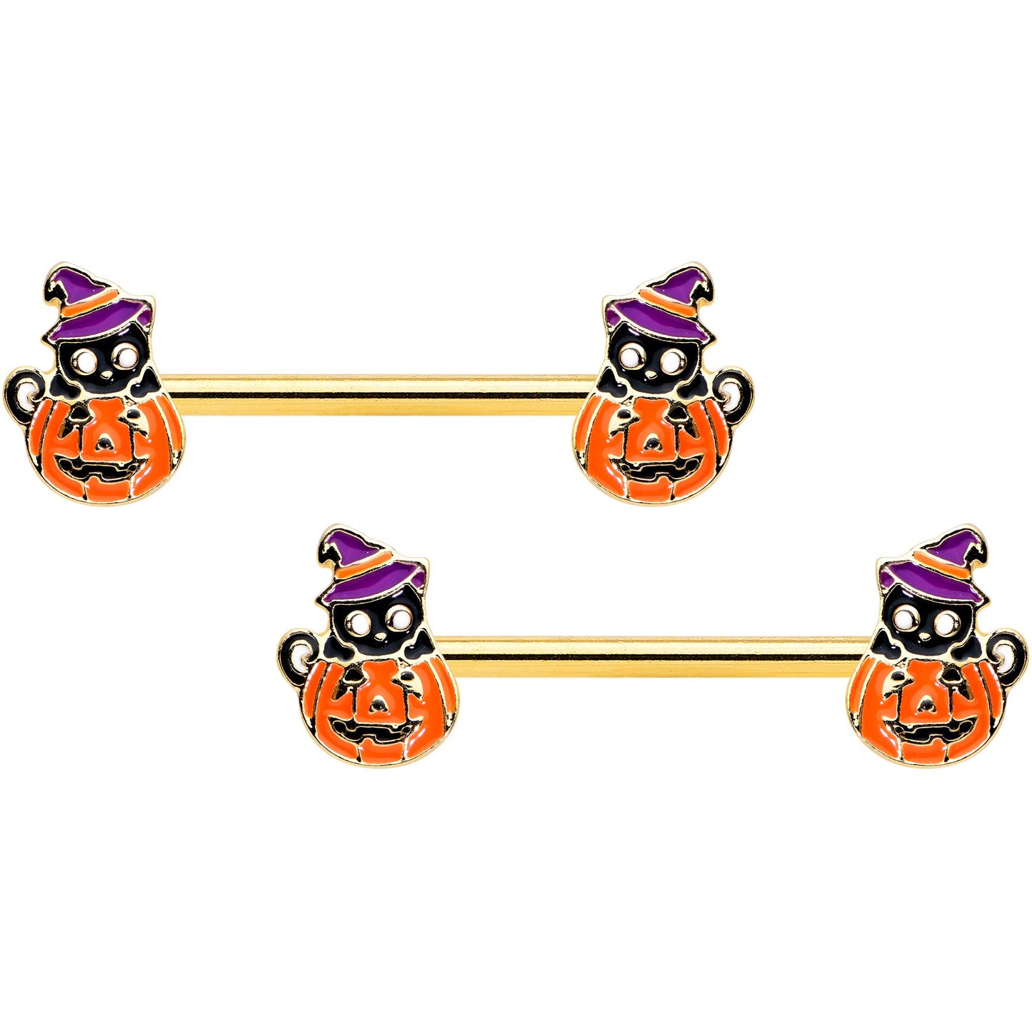 14G 9/16 Gold Hue Black Witch Cat Pumpkin Barbell Nipple Ring Set