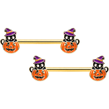 14G 9/16 Gold Hue Black Witch Cat Pumpkin Barbell Nipple Ring Set