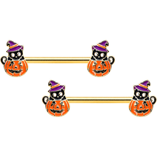 14G 9/16 Gold Hue Black Witch Cat Pumpkin Barbell Nipple Ring Set