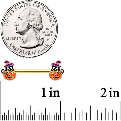 14G 9/16 Gold Hue Black Witch Cat Pumpkin Barbell Nipple Ring Set