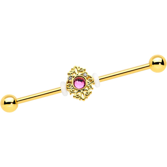 14G Clear Pink Gem Gold Tone Lace Love Industrial Barbell 38mm