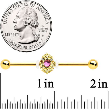 14G Clear Pink Gem Gold Tone Lace Love Industrial Barbell 38mm