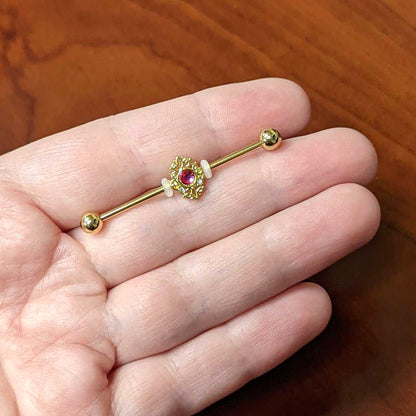 14G Clear Pink Gem Gold Tone Lace Love Industrial Barbell 38mm