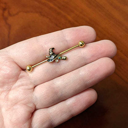 14G Clear Gem Gold Tone Witch Hat Broom Industrial Barbell 38mm