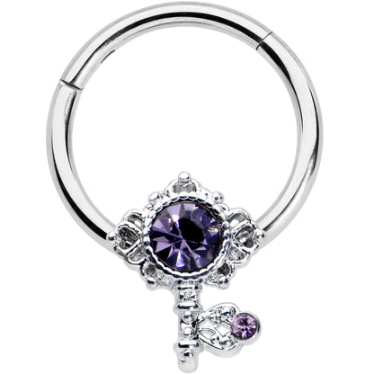 16G 3/8 Purple Gem Unlock My Heart Key Hinged Segment Ring