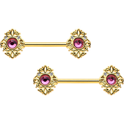 14G 9/16 Pink Gem Gold Hue Open Lace Love Barbell Nipple Ring Set