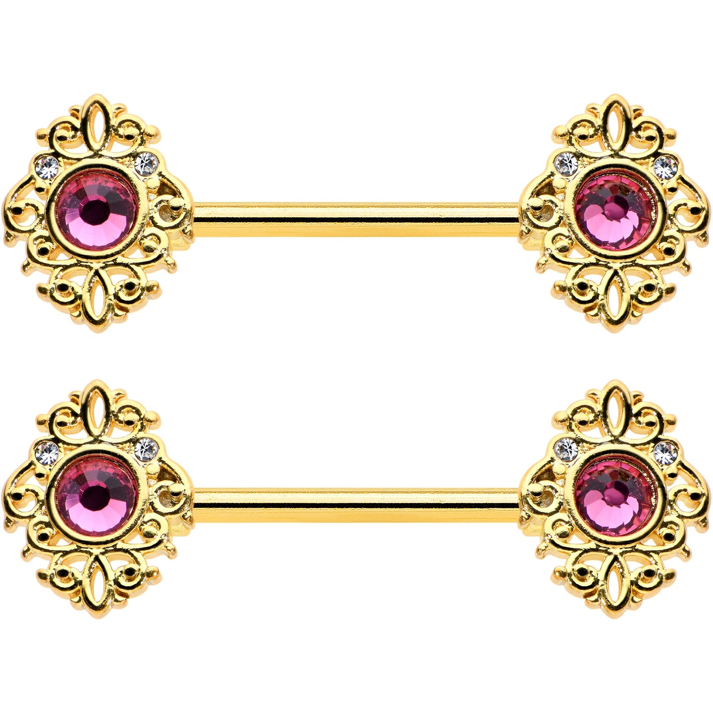 14G 9/16 Pink Gem Gold Hue Open Lace Love Barbell Nipple Ring Set