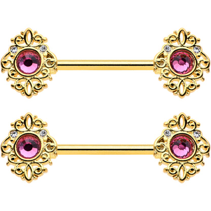 14G 9/16 Pink Gem Gold Hue Open Lace Love Barbell Nipple Ring Set