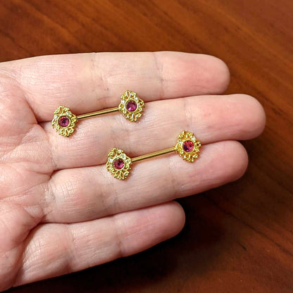 14G 9/16 Pink Gem Gold Hue Open Lace Love Barbell Nipple Ring Set