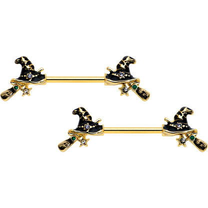 14G 9/16 Clear Gem Gold Tone Witch Hat Broom Nipple Ring Set