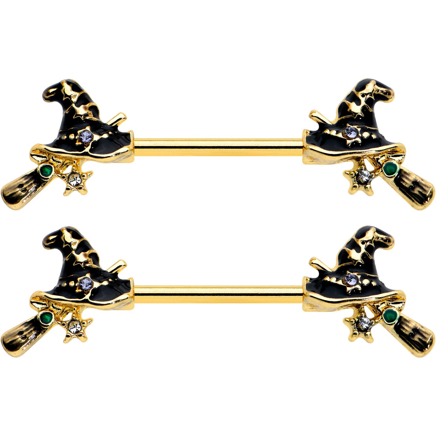 14G 9/16 Clear Gem Gold Tone Witch Hat Broom Nipple Ring Set