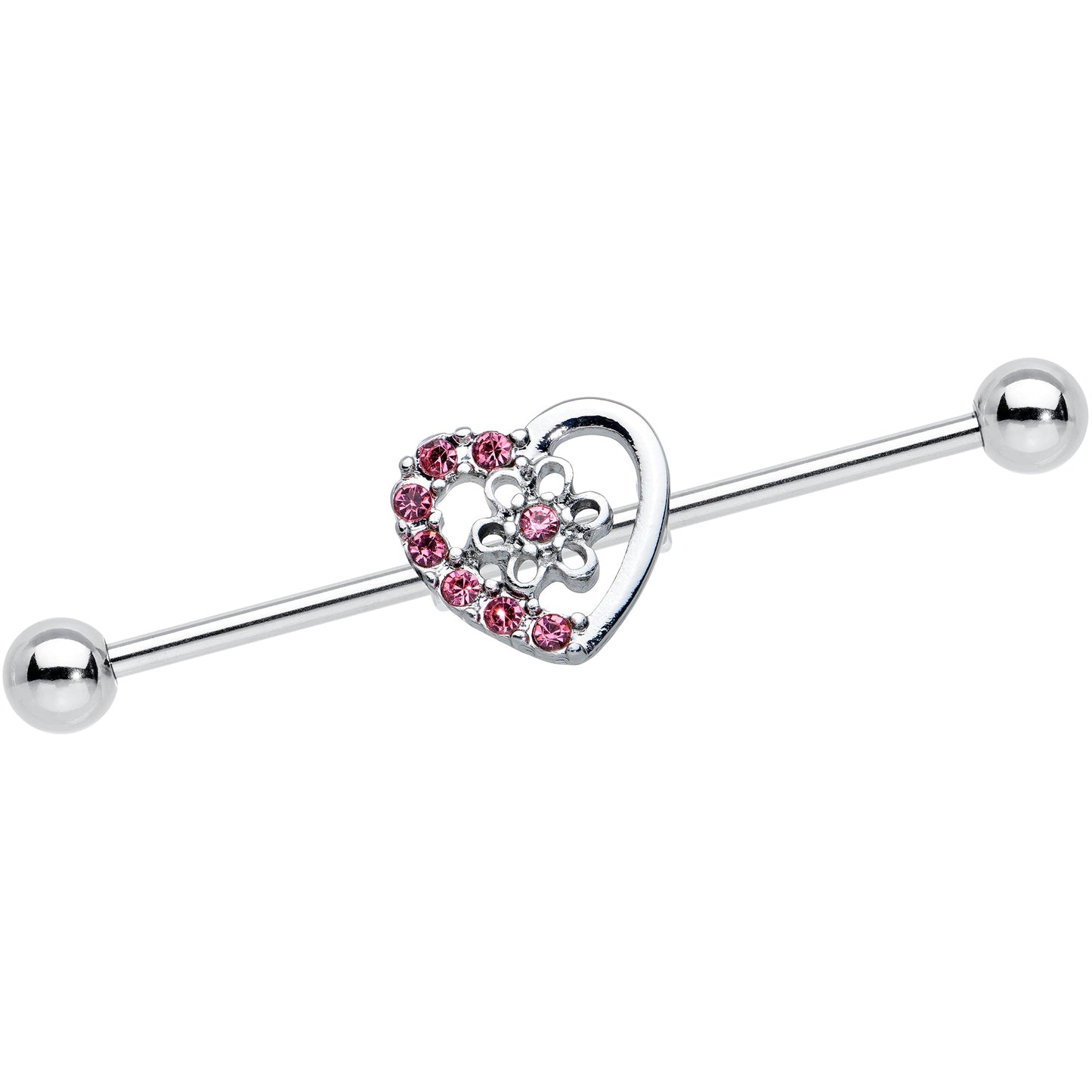 14G Pink Gem Floral Hollow Heart Industrial Barbell 38mm