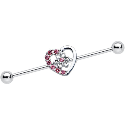 14G Pink Gem Floral Hollow Heart Industrial Barbell 38mm