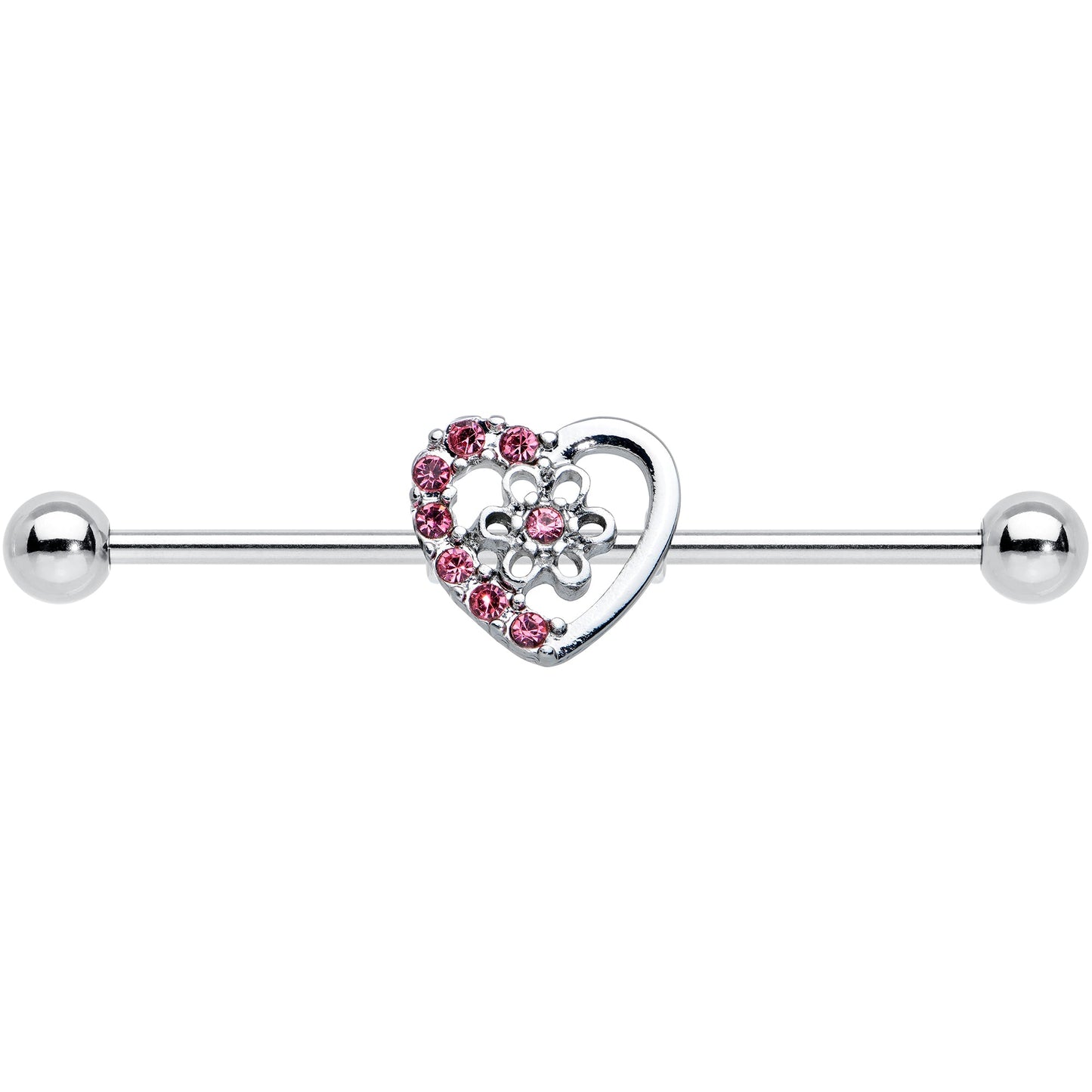 14G Pink Gem Floral Hollow Heart Industrial Barbell 38mm