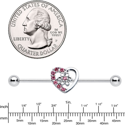 14G Pink Gem Floral Hollow Heart Industrial Barbell 38mm