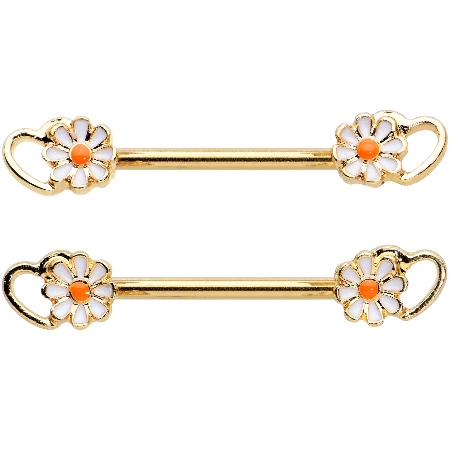 14G 9/16 Gold Tone Daisy Flower Heart Barbell Nipple Ring Set