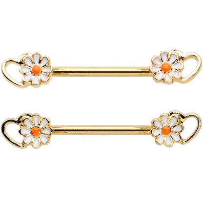 14G 9/16 Gold Tone Daisy Flower Heart Barbell Nipple Ring Set