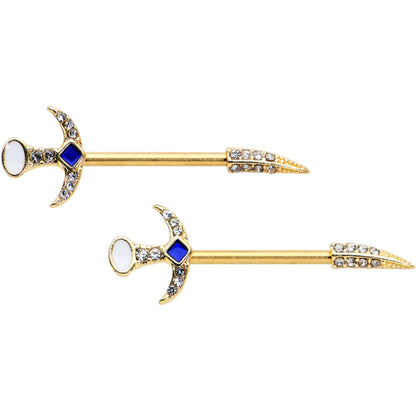 14G 9/16 Clear Gem Gold Tone Sabre Sword Barbell Nipple Ring Set