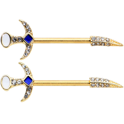 14G 9/16 Clear Gem Gold Tone Sabre Sword Barbell Nipple Ring Set