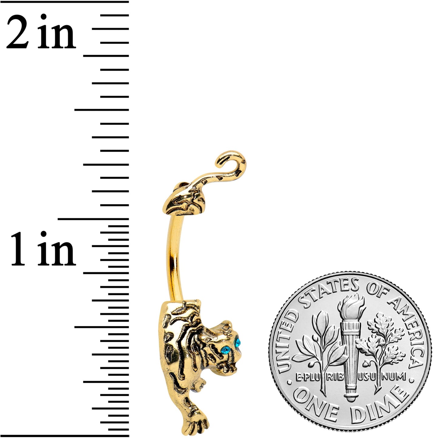 Blue Gem Gold Tone Prowling Tiger Double Mount Belly Ring