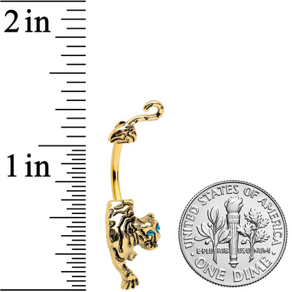 Blue Gem Gold Tone Prowling Tiger Double Mount Belly Ring
