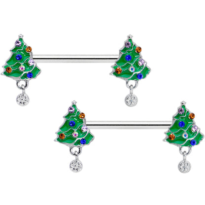 14G 1/2 Clear Blue Red Gem Christmas Tree Barbell Nipple Ring Set