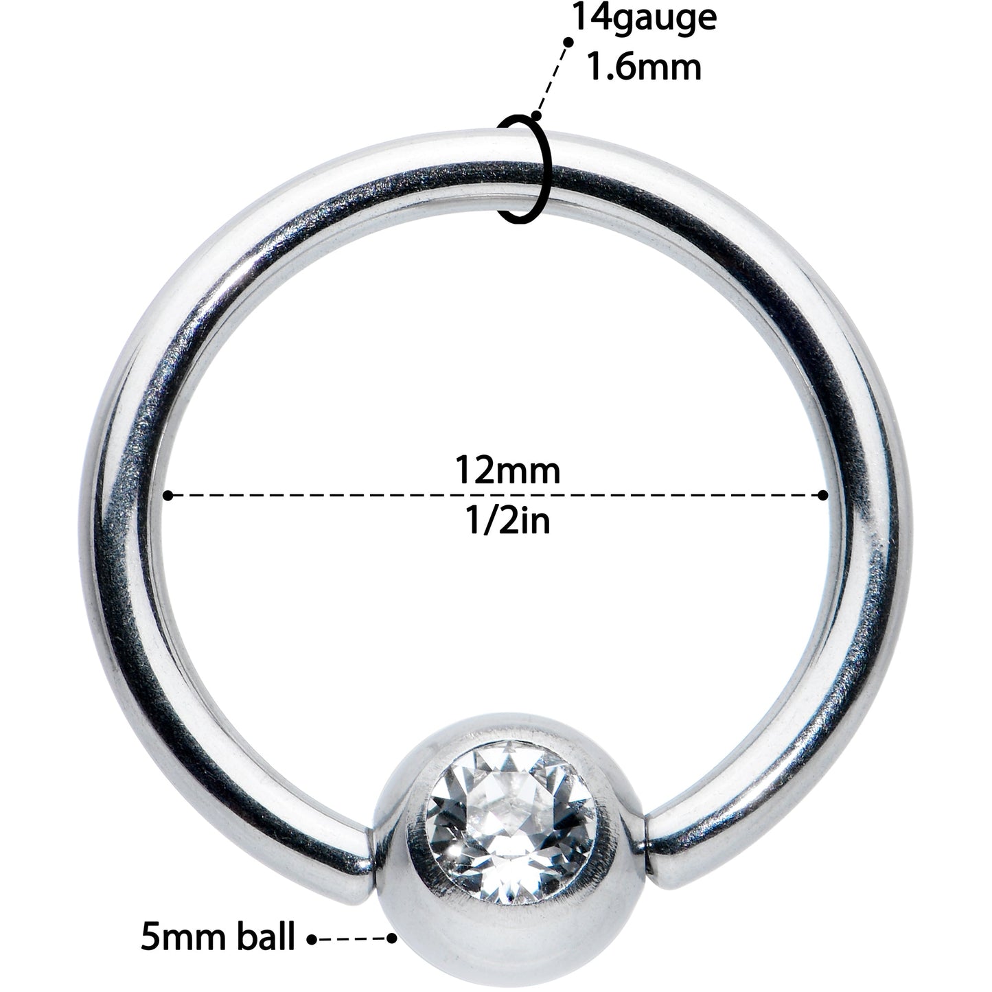 14G 1/2 Clear Gem BCR Captive Bead Ring
