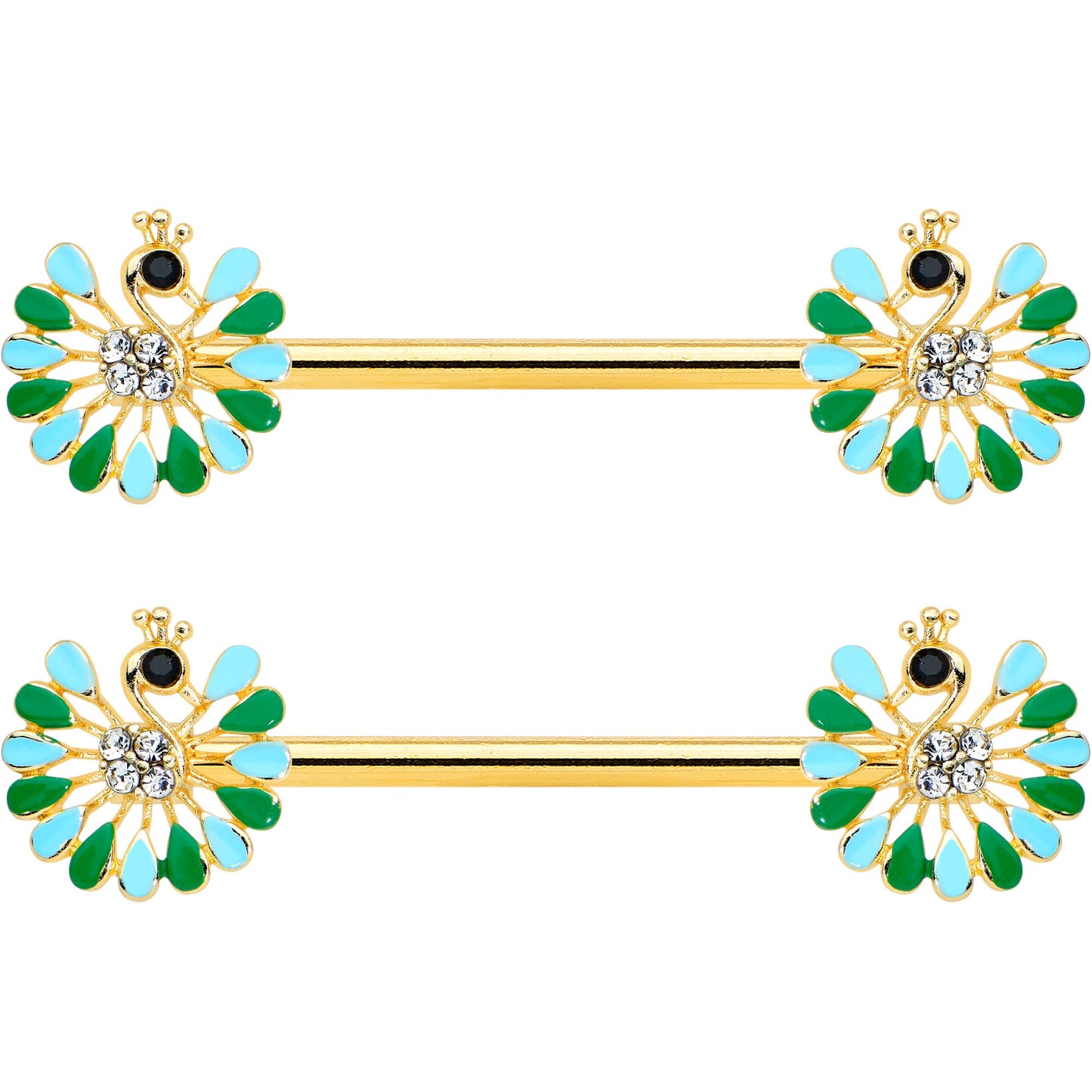 14G 5/8 Clear Gem Gold Hue Pretty Peacock Barbell Nipple Ring Set